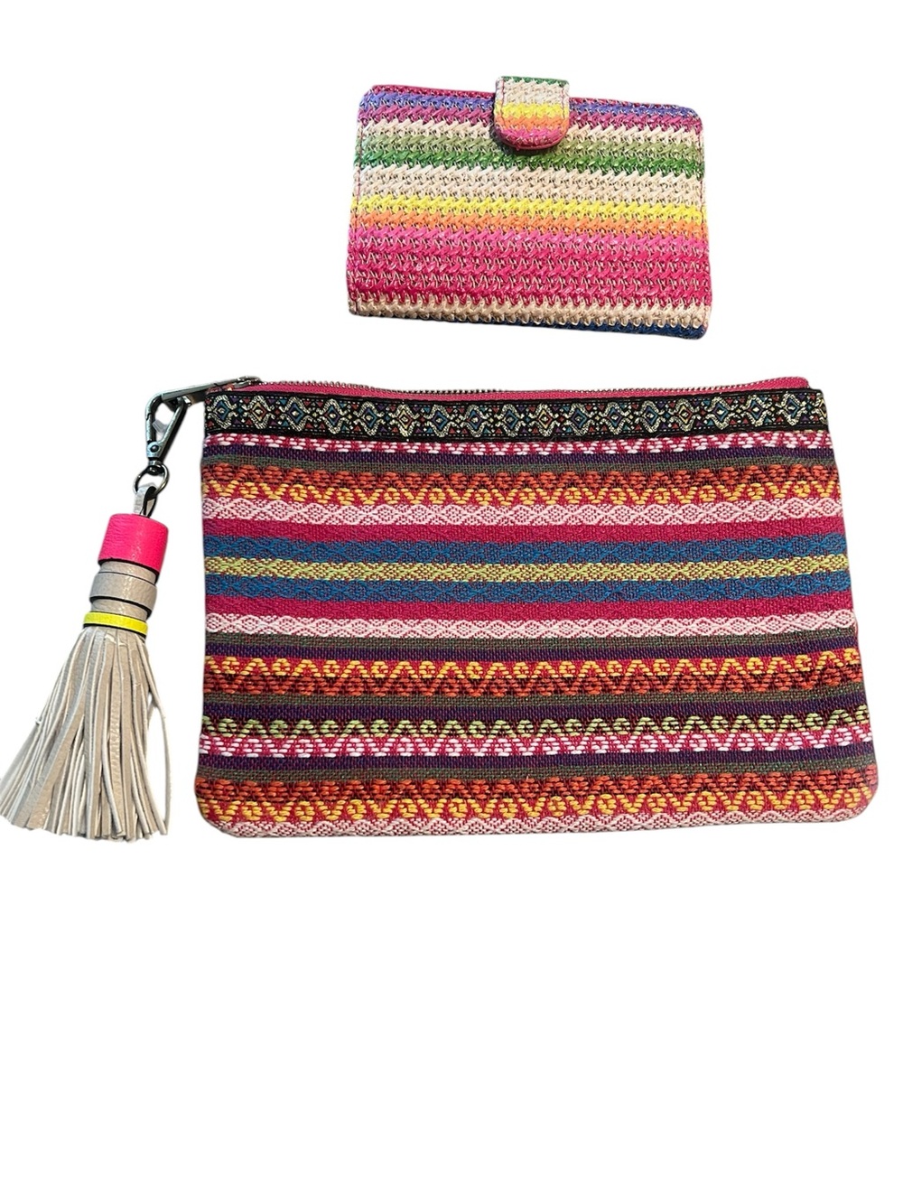 Miamica Rainbow Raffia Passport Case and Handwoven Bohemian zipper pouch.